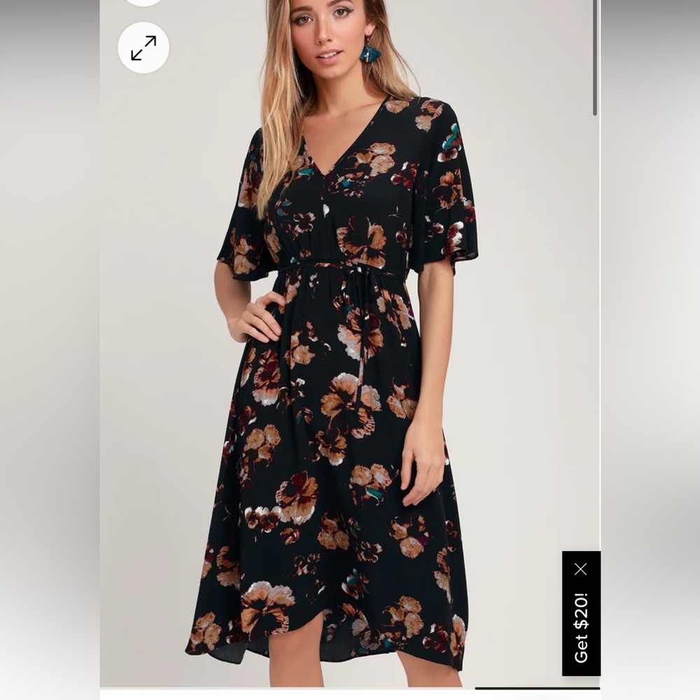 โค๏ธCute for Fall! Black Swan Pansy Floral Casual Midi Dress
